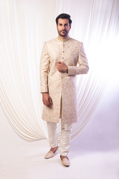 Gold Jacquard Sherwani with Subtle Embroidery (2-Piece) - Image 2
