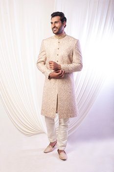 Gold Jacquard Sherwani with Subtle Embroidery (2-Piece) - Image 3