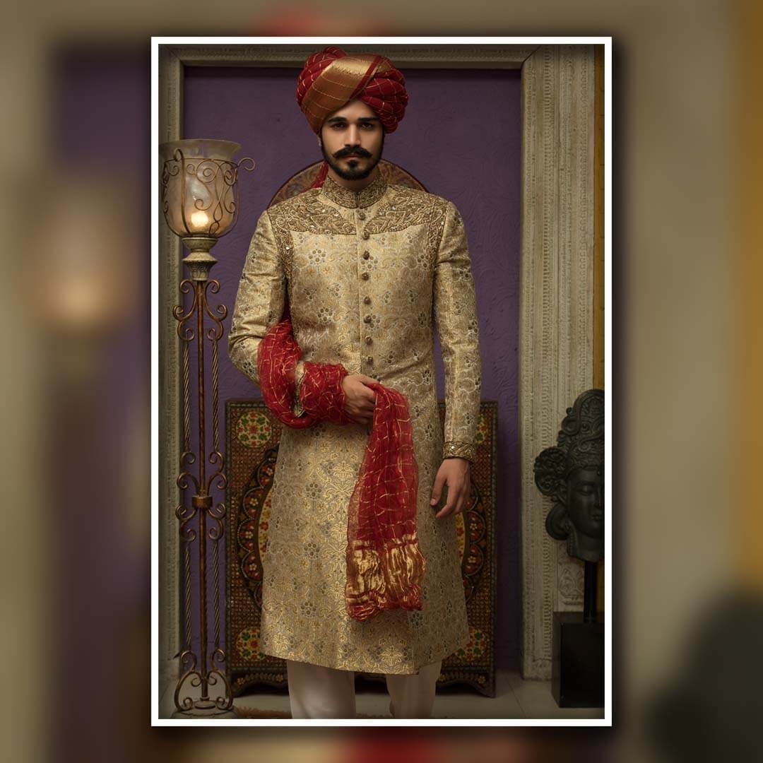 Gold Kundan Zari Silk Jamawar Sherwani (3-Piece) - Image 1