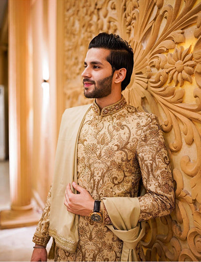 Beige Gold Hand-Embroidered Jamawar Sherwani (3-Piece) - Image 1