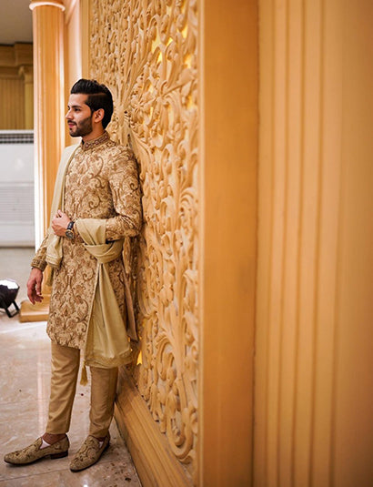Beige Gold Hand-Embroidered Jamawar Sherwani (3-Piece) - Image 2