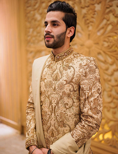 Beige Gold Hand-Embroidered Jamawar Sherwani (3-Piece) - Image 3