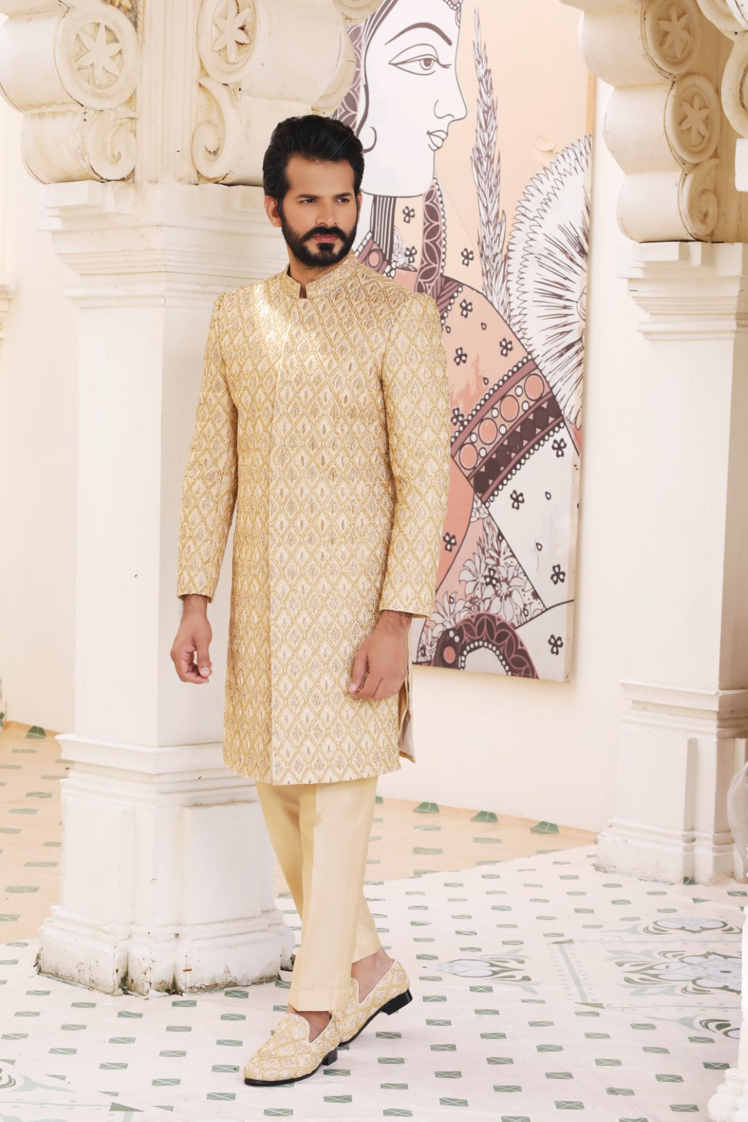 Gold Kora Dabka Silk Sherwani (3-Piece) - Image 2