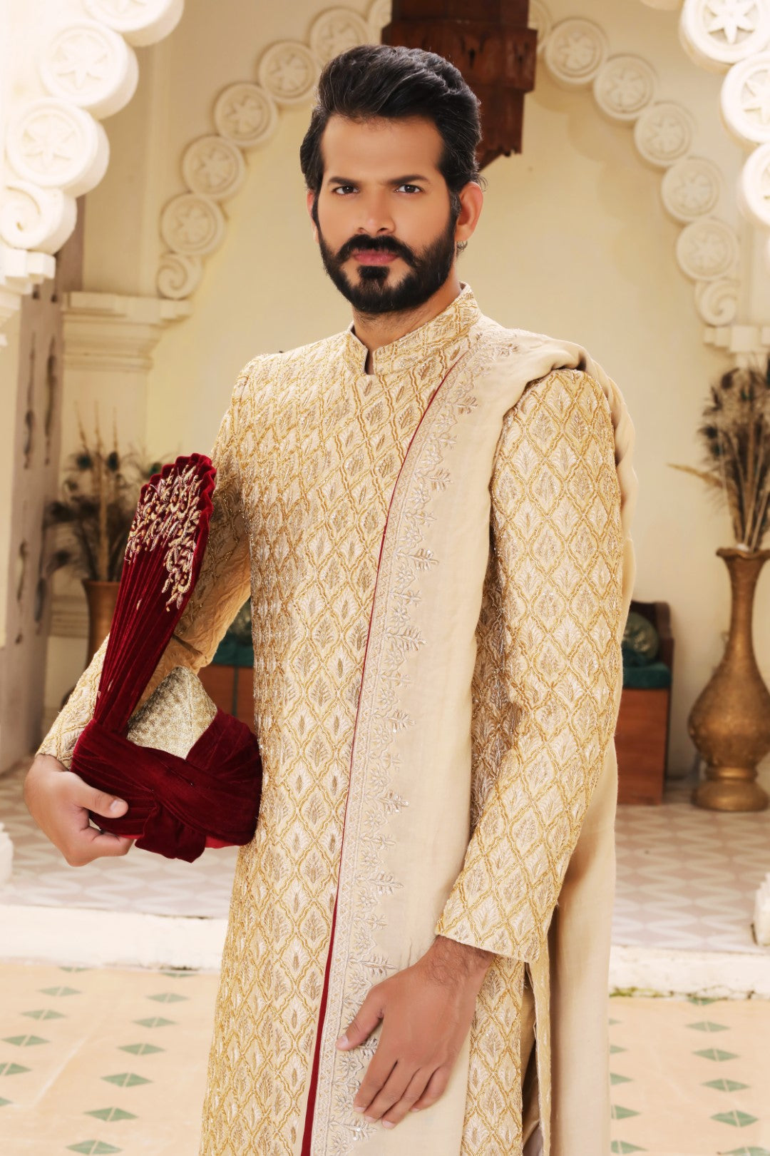 Gold Kora Dabka Silk Sherwani (3-Piece) - Image 4