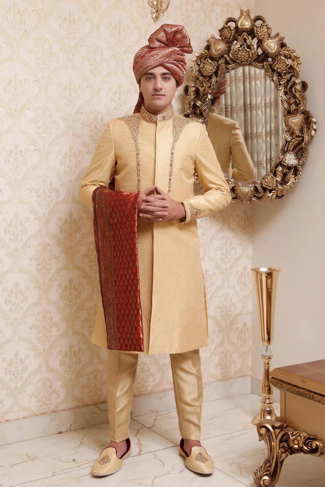 Gold Embroidered Silk Sherwani Set (3-Piece) - Image 1
