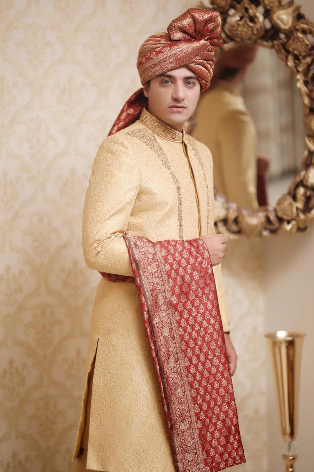 Gold Embroidered Silk Sherwani Set (3-Piece) - Image 2