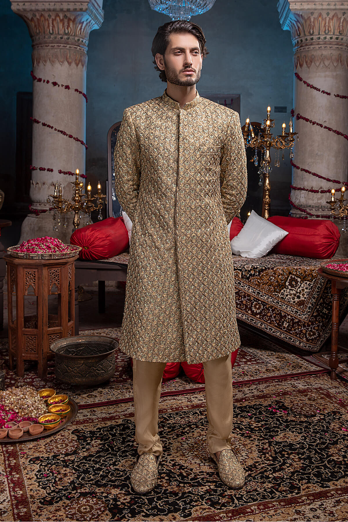 Gold Tilla Resham Embroidered Silk Sherwani (3-Piece) - Image 1