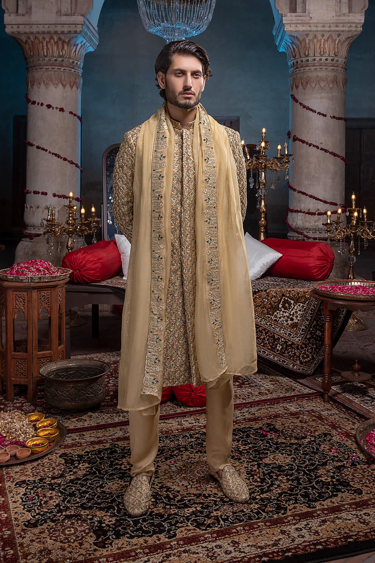 Gold Tilla Resham Embroidered Silk Sherwani (3-Piece) - Image 2