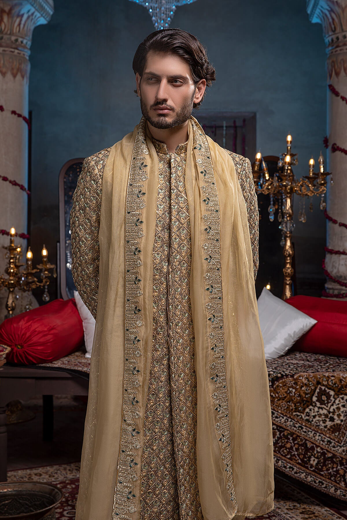 Gold Tilla Resham Embroidered Silk Sherwani (3-Piece) - Image 3