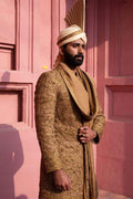 Antique Gold Zardozi Silk Groom Sherwani (4-Piece) - Image 10