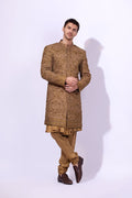Antique Gold Zardozi Silk Groom Sherwani (4-Piece) - Image 2