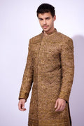 Antique Gold Zardozi Silk Groom Sherwani (4-Piece) - Image 3