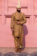 Antique Gold Zardozi Silk Groom Sherwani (4-Piece) - Image 7