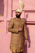 Antique Gold Zardozi Silk Groom Sherwani (4-Piece) - Image 8