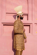 Antique Gold Zardozi Silk Groom Sherwani (4-Piece) - Image 9