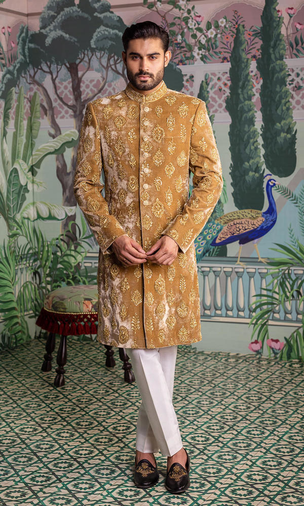 Gold Embellished Velvet Sherwani (2-Piece) - Image 2