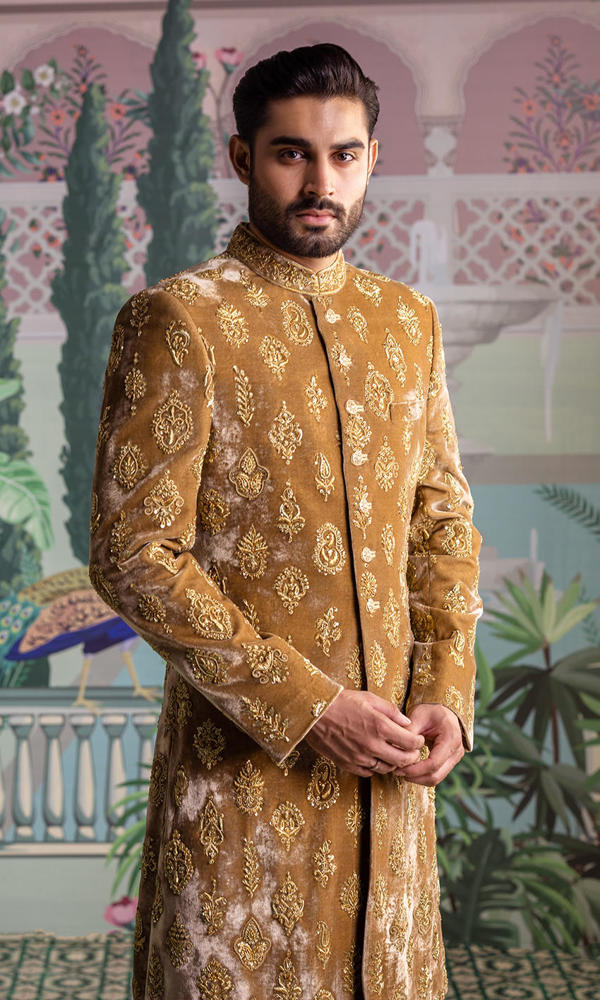 Gold Embellished Velvet Sherwani (2-Piece) - Image 3