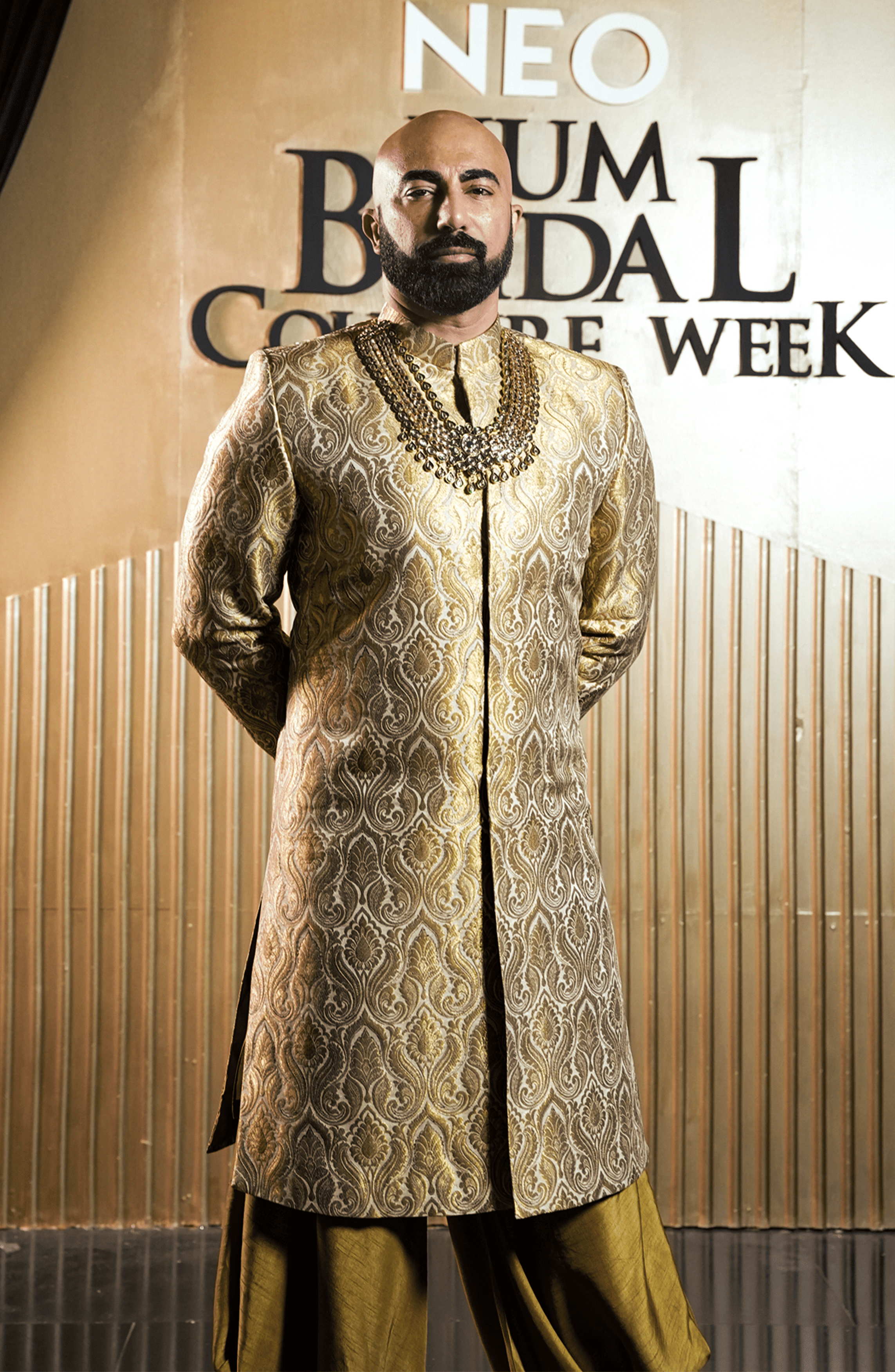 Gold Light Brown Jamawar Sherwani (3-Piece) - Image 1