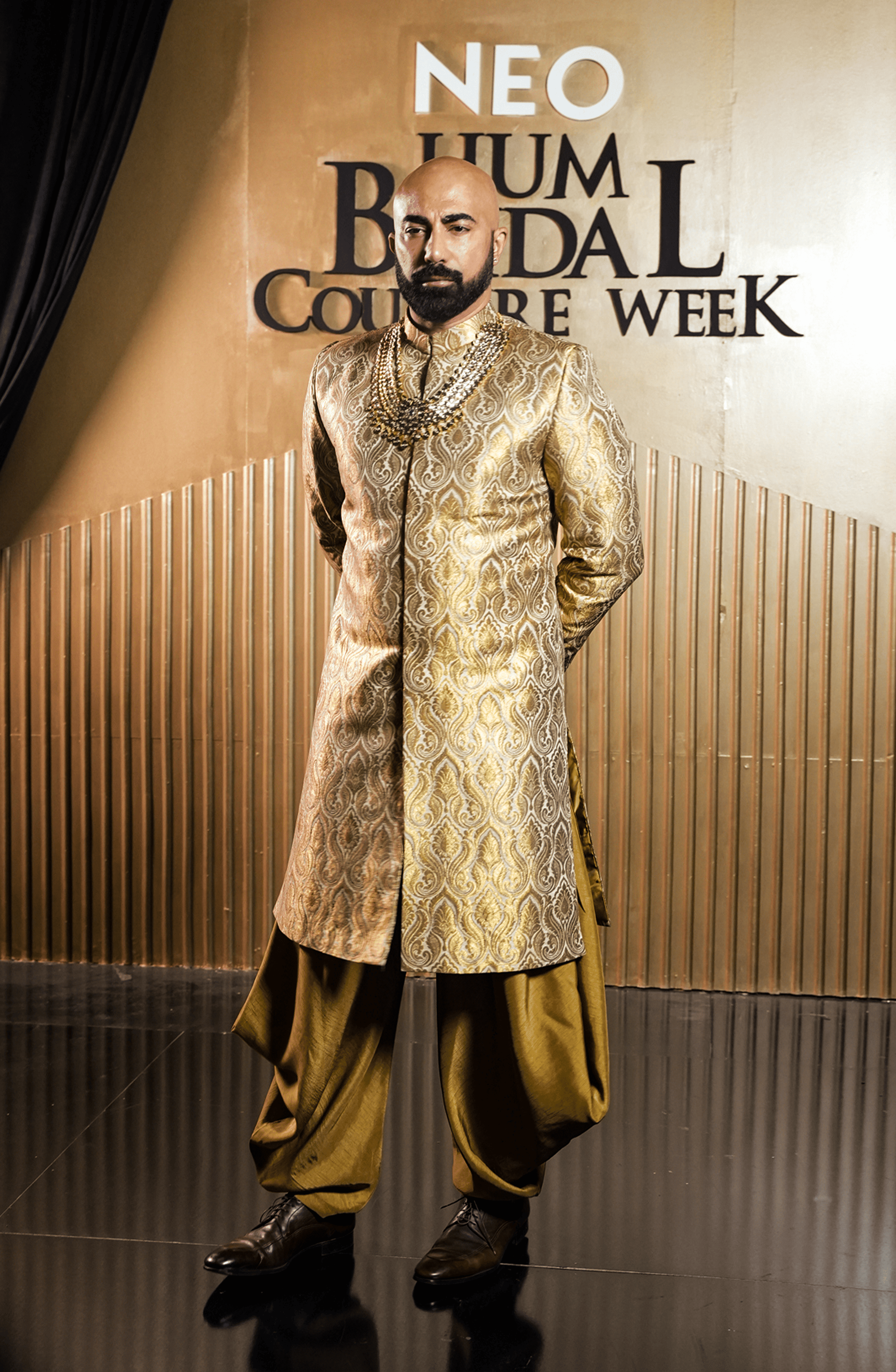 Gold Light Brown Jamawar Sherwani (3-Piece) - Image 2