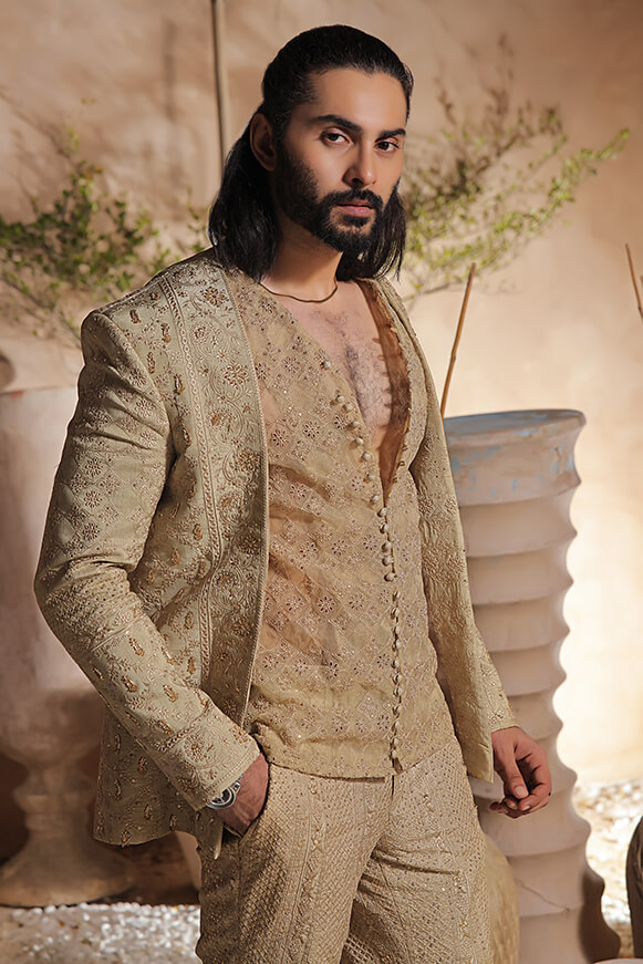 Royal Gold Embroidered Raw Silk Sherwani (3-Piece) - Image 1