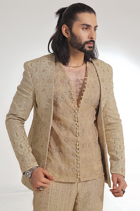 Royal Gold Embroidered Raw Silk Sherwani (3-Piece) - Image 11