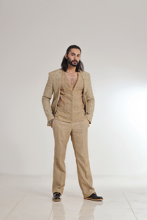 Royal Gold Embroidered Raw Silk Sherwani (3-Piece) - Image 12