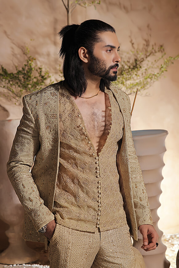 Royal Gold Embroidered Raw Silk Sherwani (3-Piece) - Image 2