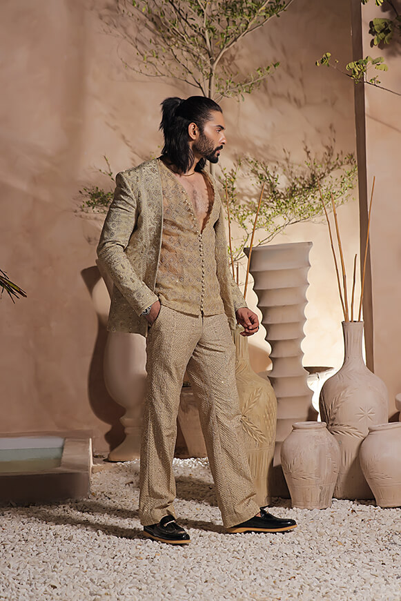 Royal Gold Embroidered Raw Silk Sherwani (3-Piece) - Image 3