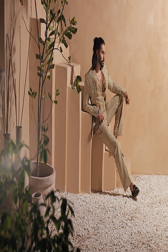 Royal Gold Embroidered Raw Silk Sherwani (3-Piece) - Image 5