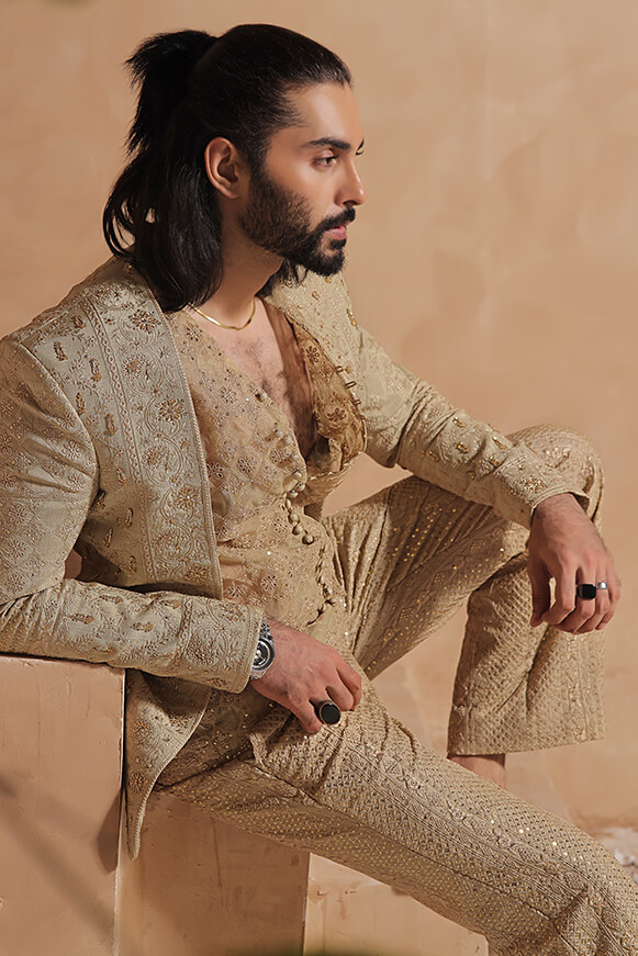 Royal Gold Embroidered Raw Silk Sherwani (3-Piece) - Image 6