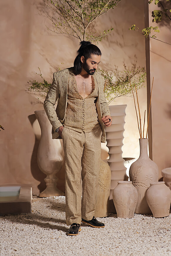 Royal Gold Embroidered Raw Silk Sherwani (3-Piece) - Image 7