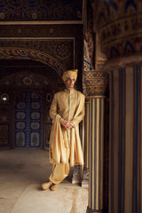 Gold Resham Patra Raw Silk Short Sherwani (4-Piece) - Image 2
