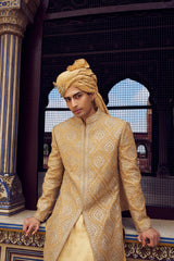 Gold Resham Patra Raw Silk Short Sherwani (4-Piece) - Image 3