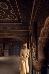 Gold Resham Patra Raw Silk Short Sherwani (4-Piece) - Image 5