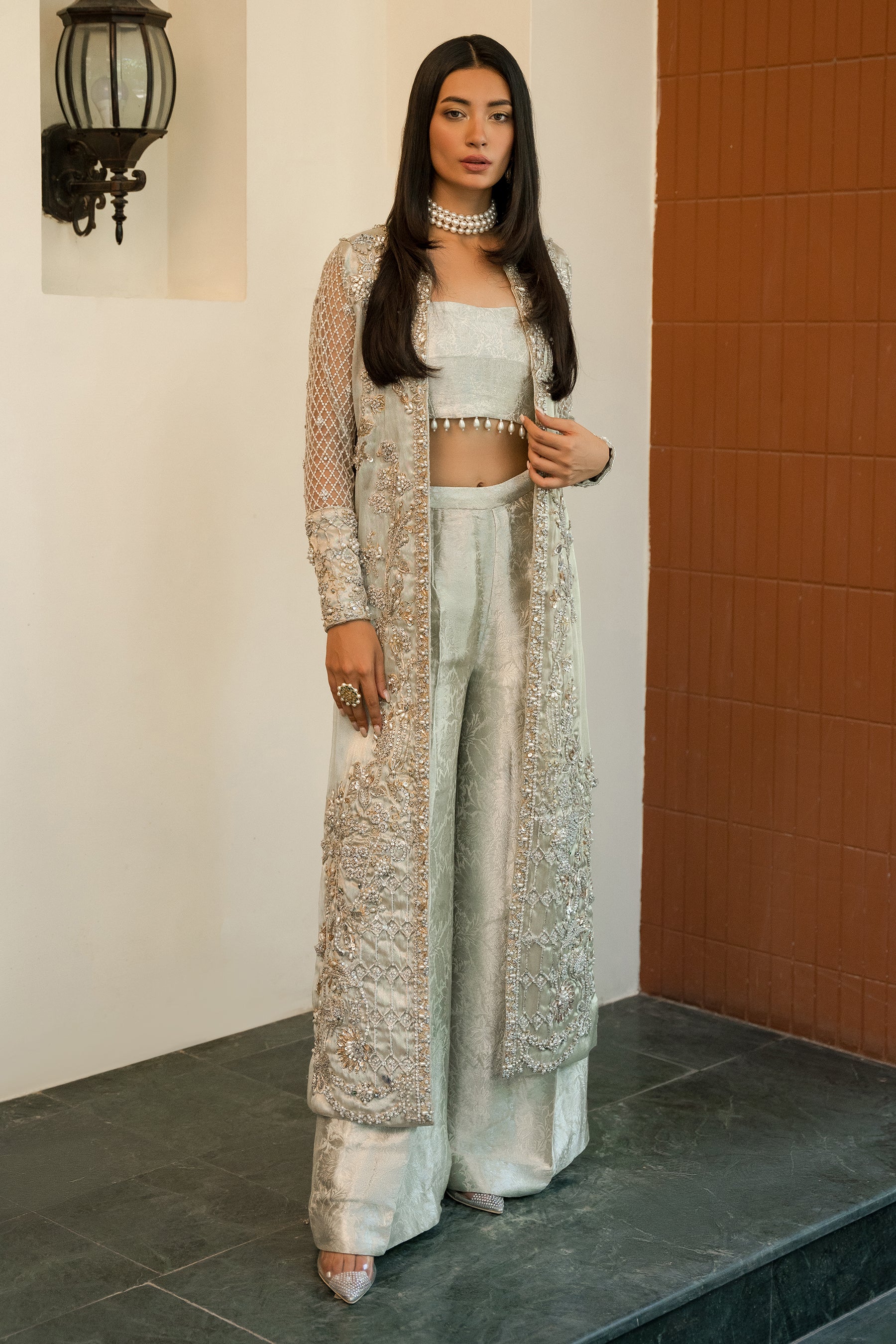 Silvery Gold Zardozi Embellished Brocade Jacket Set (3-Piece) - Image 1