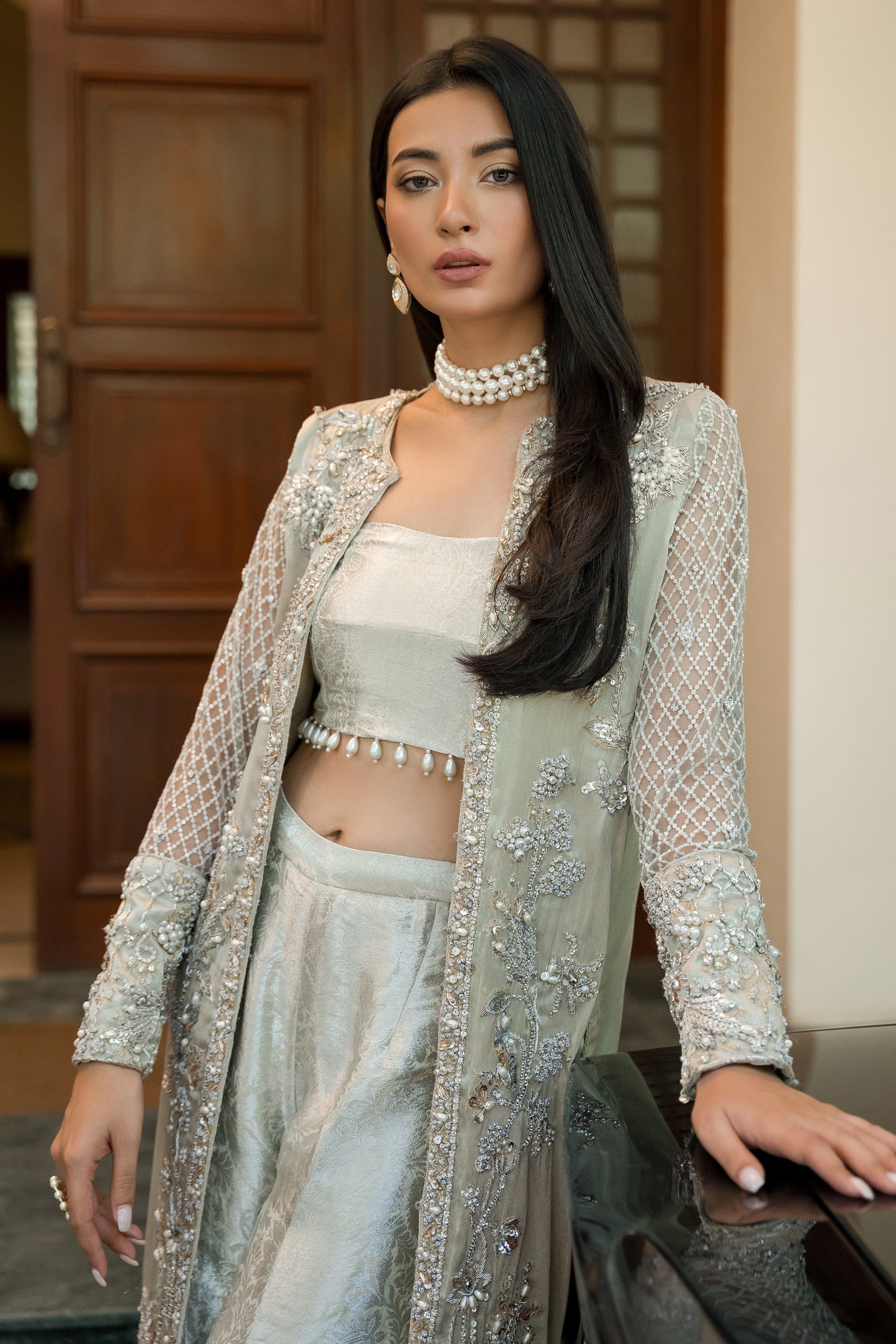 Silvery Gold Zardozi Embellished Brocade Jacket Set (3-Piece) - Image 4