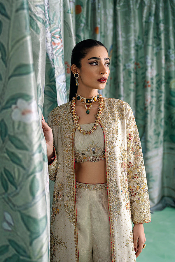 Gold Embroidered Lama Jacket with Jamawar Set (3-Piece) - Image 1