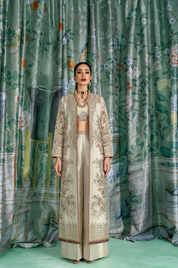 Gold Embroidered Lama Jacket with Jamawar Set (3-Piece) - Image 3