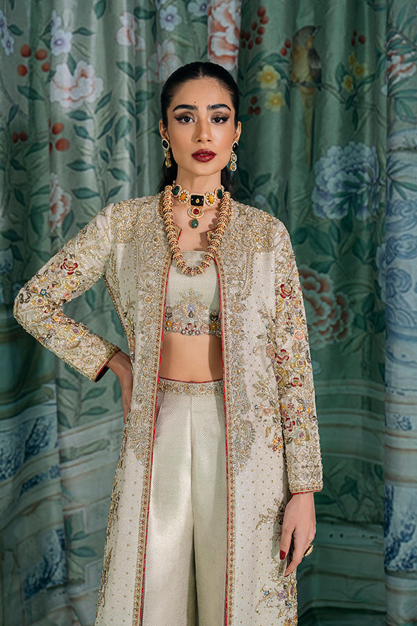 Gold Embroidered Lama Jacket with Jamawar Set (3-Piece) - Image 5
