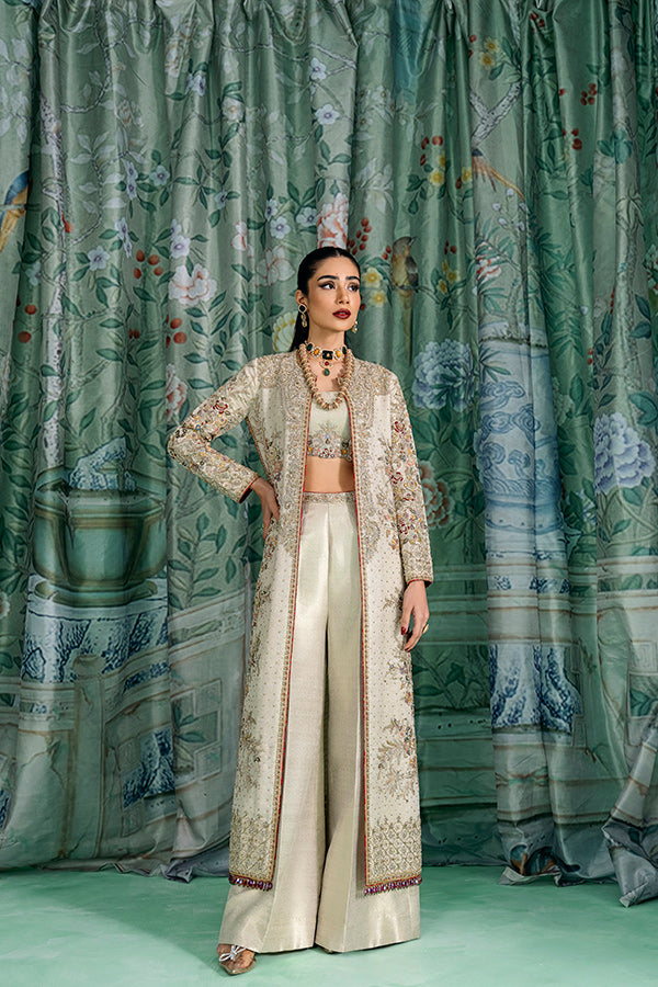Gold Embroidered Lama Jacket with Jamawar Set (3-Piece) - Image 6