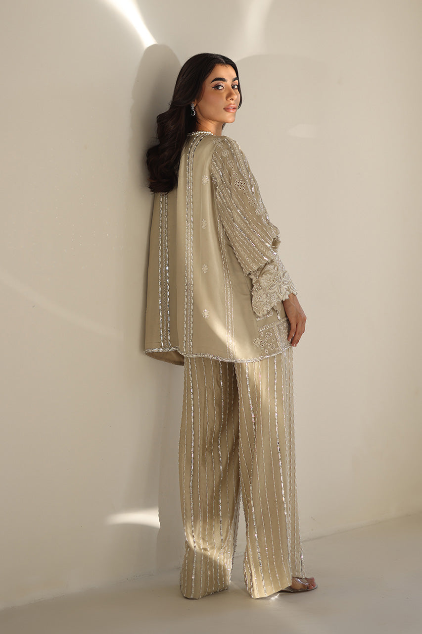 Champagne Embroidered Raw Silk Jacket Set (3-Piece) - Image 2