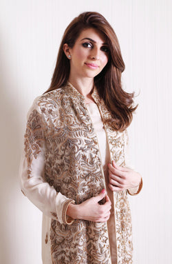 Gold Hand-Embroidered Chiffon Long Jacket (3-Piece) - Image 1