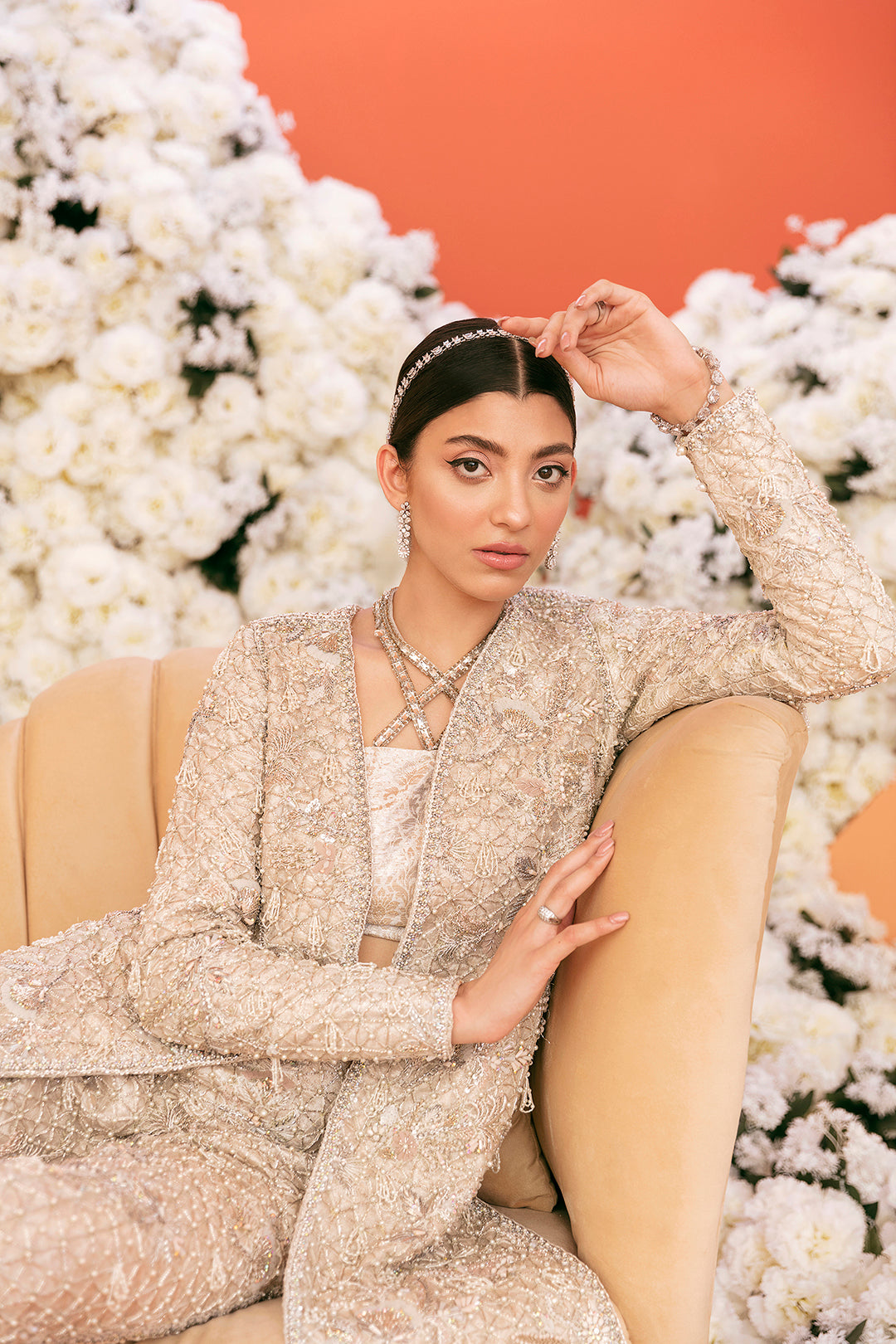 Pakistani Champagne Embellished Net Jacket & Flared Trousers (3-Piece) - Image 2