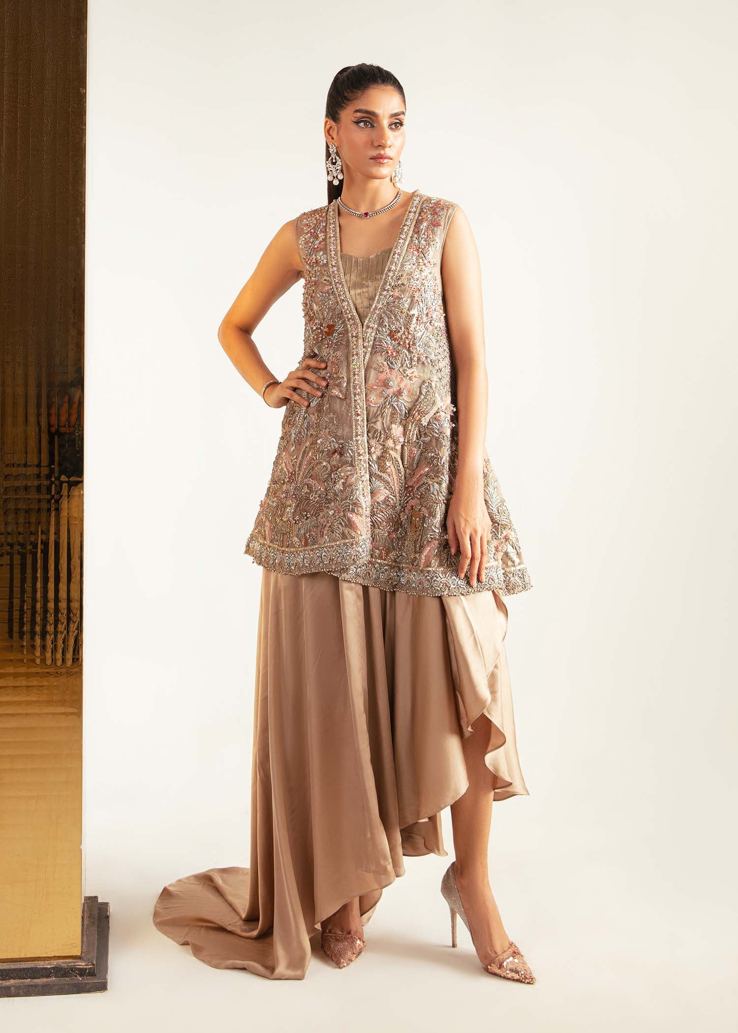 Pakistani Rose Gold Embroidered Net Jacket & Silk Drape Pants (2-Piece) - Image 1