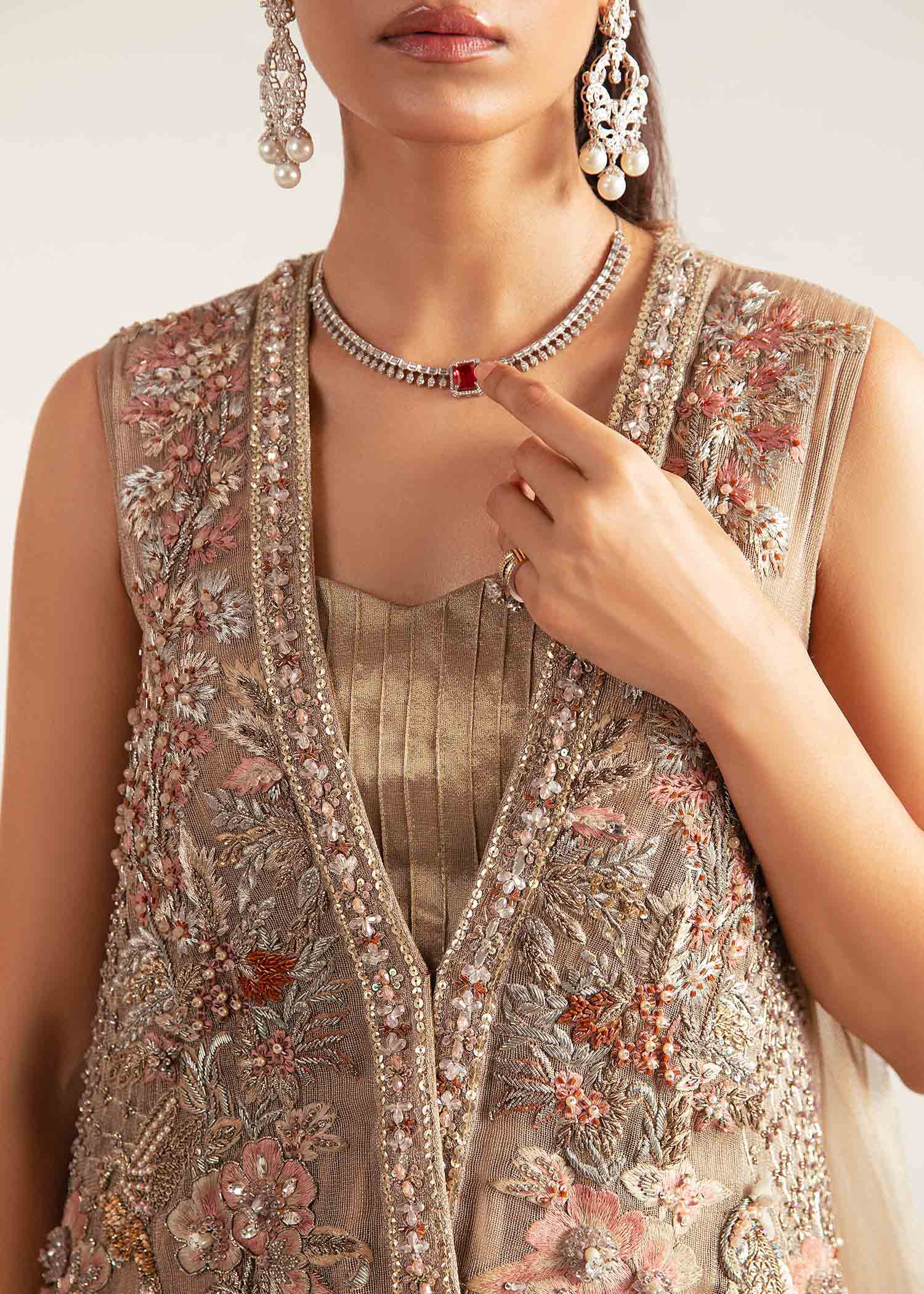 Pakistani Rose Gold Embroidered Net Jacket & Silk Drape Pants (2-Piece) - Image 2