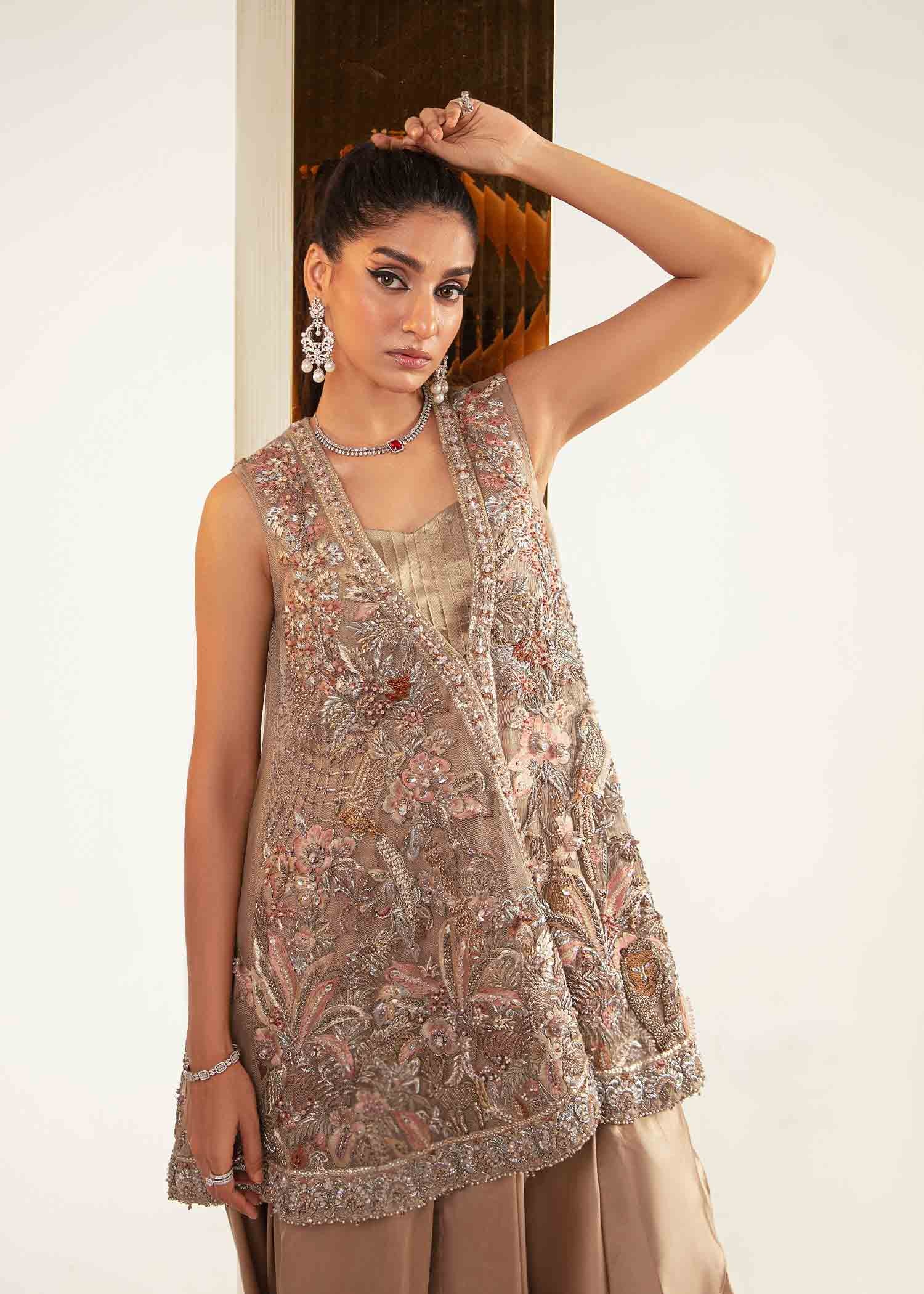 Pakistani Rose Gold Embroidered Net Jacket & Silk Drape Pants (2-Piece) - Image 3