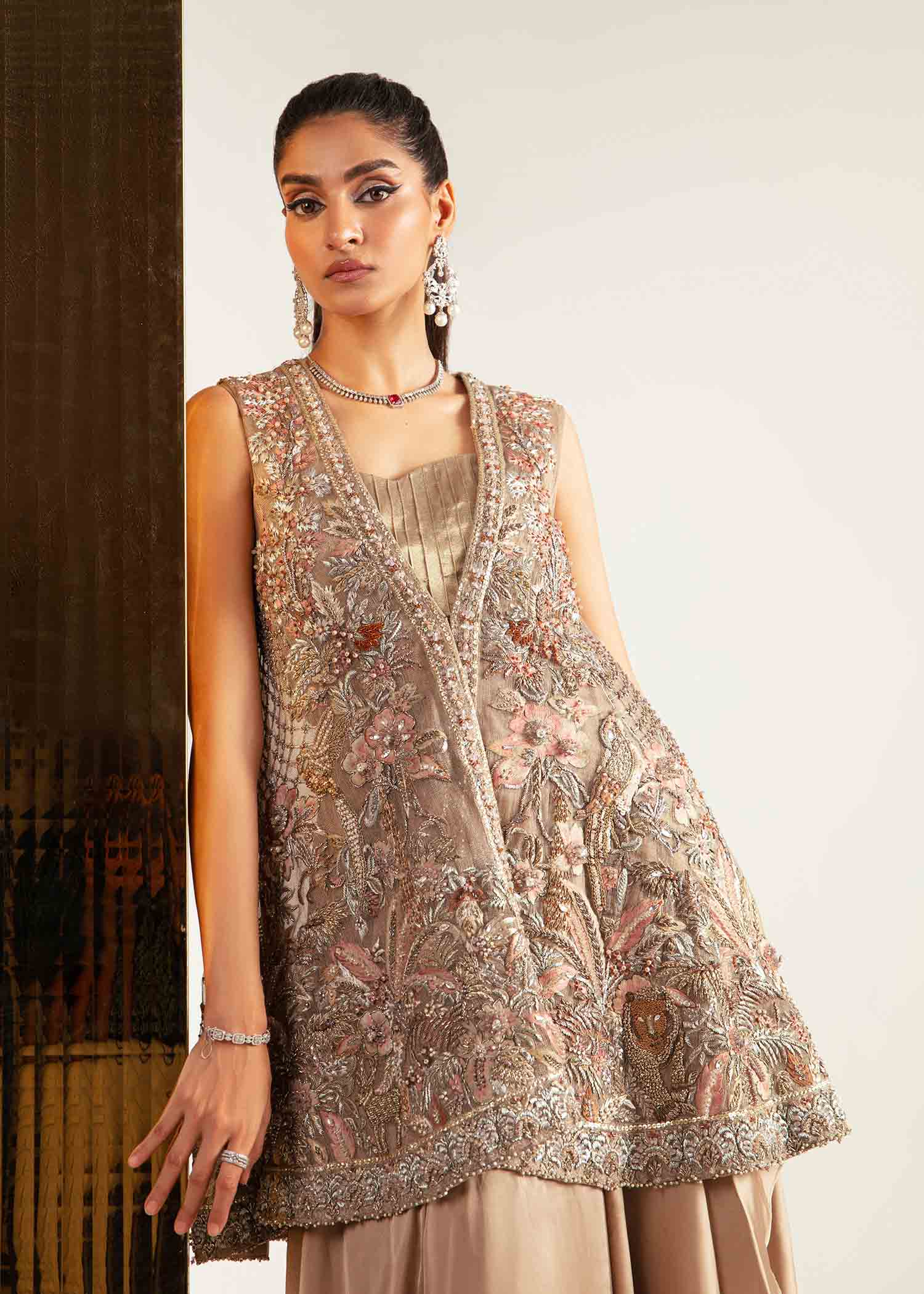 Pakistani Rose Gold Embroidered Net Jacket & Silk Drape Pants (2-Piece) - Image 4