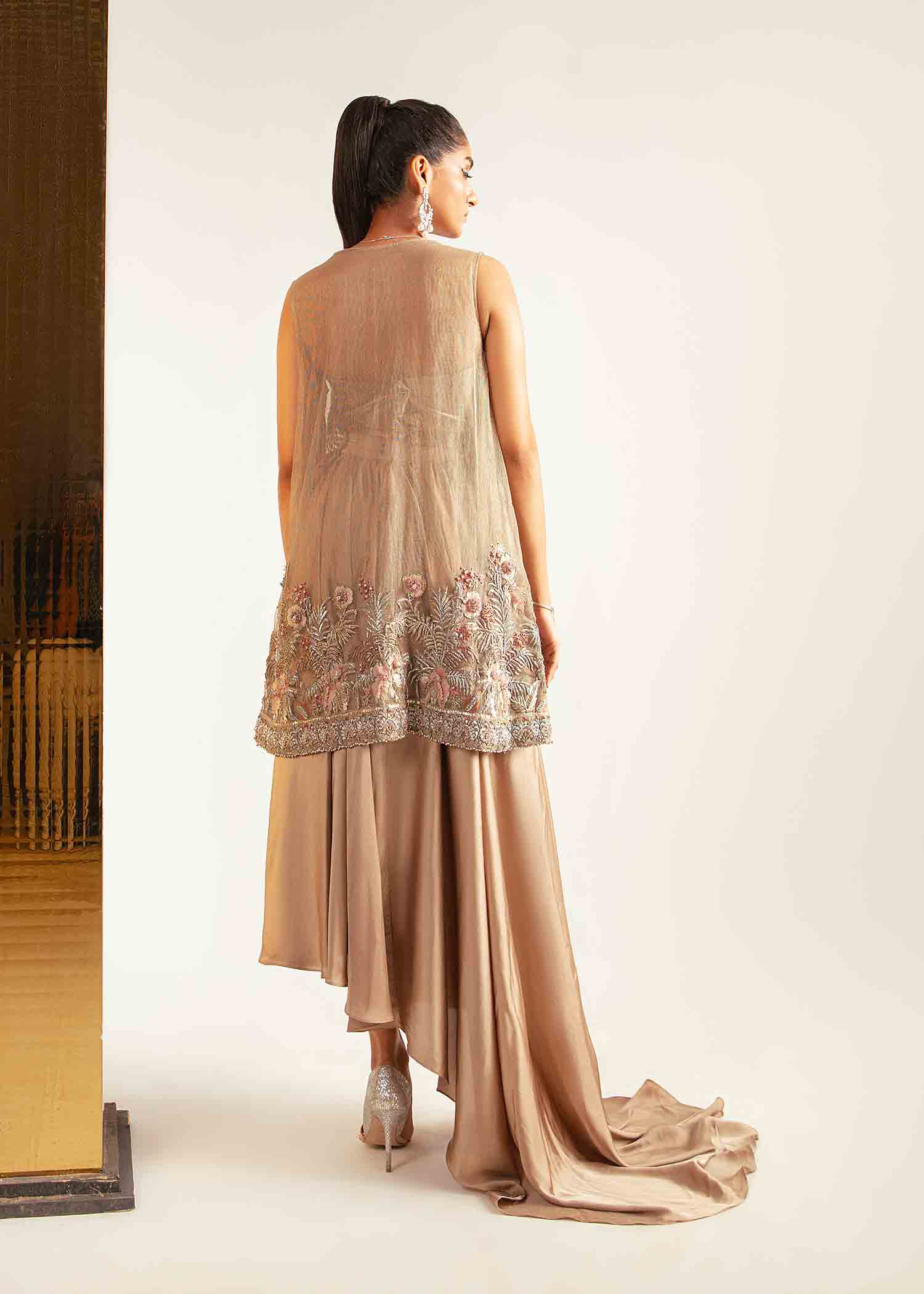 Pakistani Rose Gold Embroidered Net Jacket & Silk Drape Pants (2-Piece) - Image 5