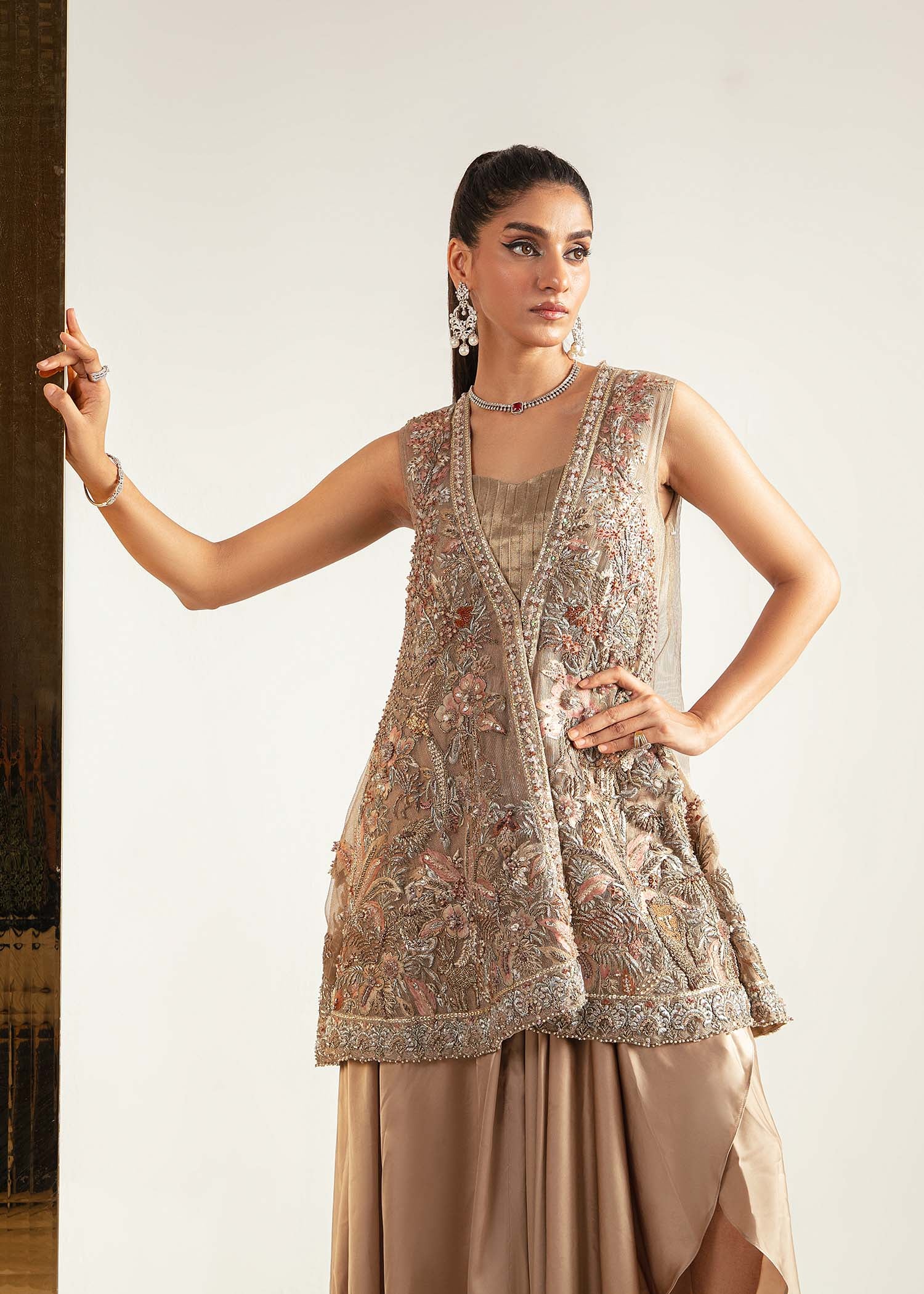 Pakistani Rose Gold Embroidered Net Jacket & Silk Drape Pants (2-Piece) - Image 6