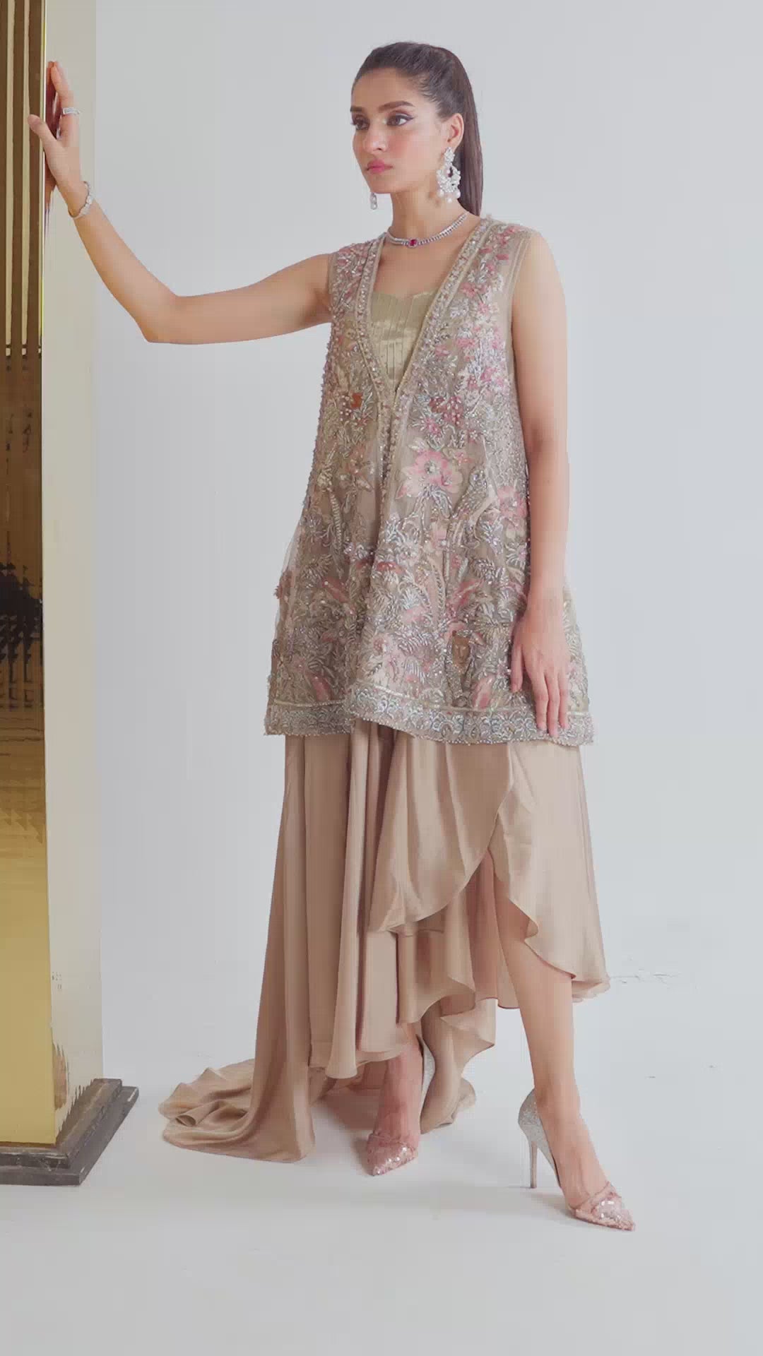 Pakistani Rose Gold Embroidered Net Jacket & Silk Drape Pants (2-Piece) - Image 7